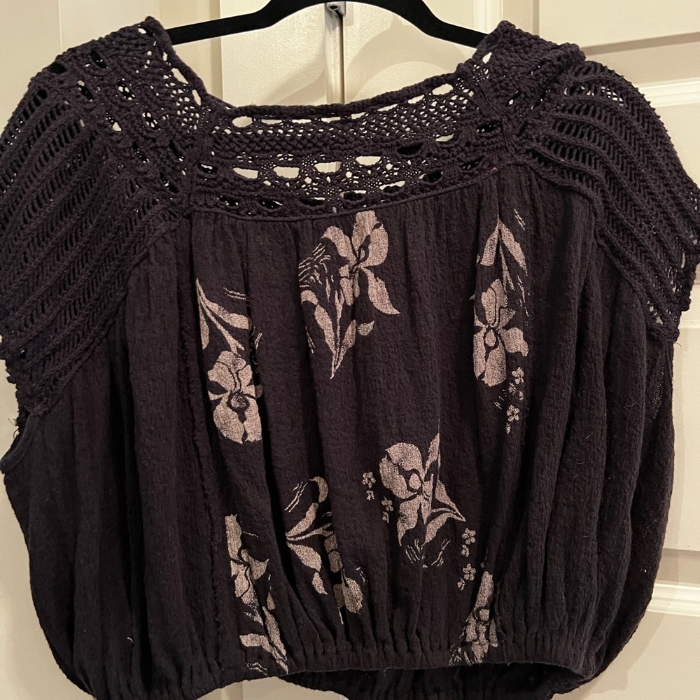 Free People Black Floral Crochet Blouse